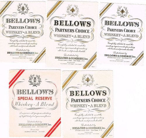 Circa 1950 Lot of 5 Bellows Distillery Whiskey Labels Colorado Springs Chicago Illinois