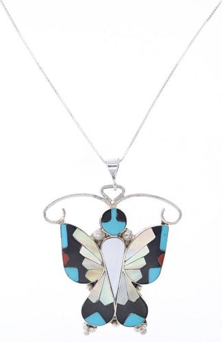 Zuni H. Dishta Inlaid Mosaic Butterfly Necklace