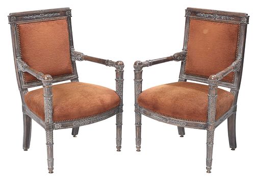 Pair Italian Neoclassical Style Carved Stained Open Armchairs