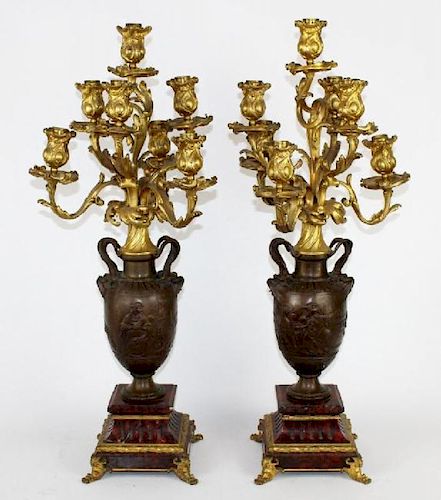 Pair F. Barbedienne bronze urn form candelabra