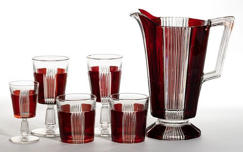 PLEATING - RUBY-STAINED DRINKING ARTICLES, LOT OF SIX