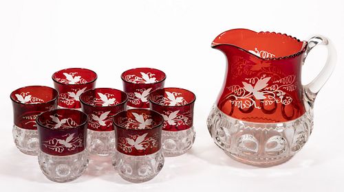 KING'S CROWN / EXCELSIOR (OMN) - RUBY-STAINED EIGHT-PIECE WATER SET