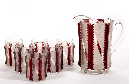 STIPPLED BAR - RUBY-STAINED SEVEN-PIECE WATER SET