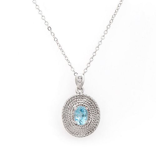 Plated Rhodium 1.32ctw Blue Topaz and Diamond Pendant with Chain