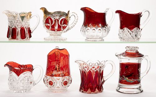 ASSORTED EAPG - RUBY-STAINED CREAMERS, LOT OF EIGHT