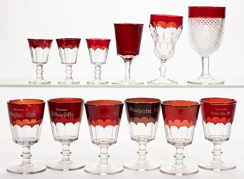 ASSORTED EAPG - RUBY-STAINED DRINKING ARTICLES, LOT OF 12