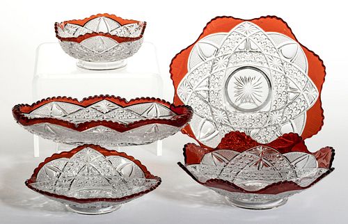 ANONA / TWIN TEARDROPS - RUBY-STAINED DISHES, LOT OF FIVE