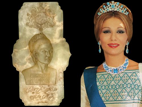 Iran Persian Queen Farah Pahlavi Portrait Carved White Marble Memorial Plaque