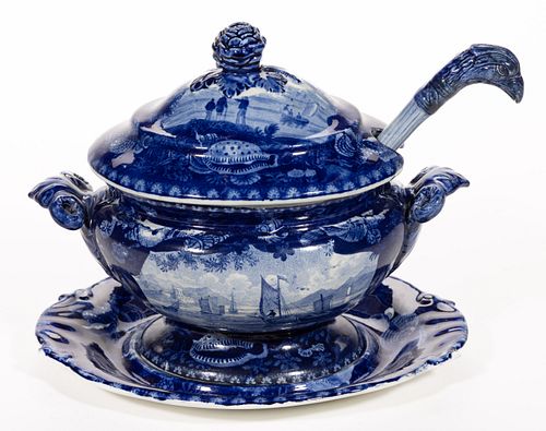 STAFFORDSHIRE ENGLISH VIEW / NAUTICAL MOTIF TRANSFER-PRINTED CERAMIC SAUCE TUREEN, UNDERTRAY, AND LADLE