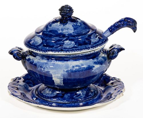 STAFFORDSHIRE AMERICAN VIEW TRANSFER-PRINTED CERAMIC SAUCE TUREEN, UNDERTRAY, AND LADLE