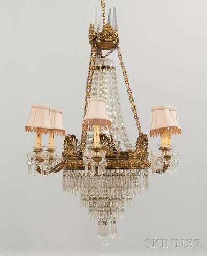Empire-style Brass and Crystal Six-light Chandelier