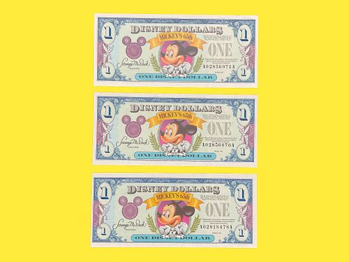 Group of 3 1993 Disney Dollars, Mickeys 65th, $1
