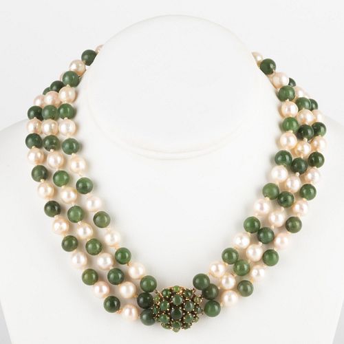 Triple Strand Jadeite and Pearl Necklace