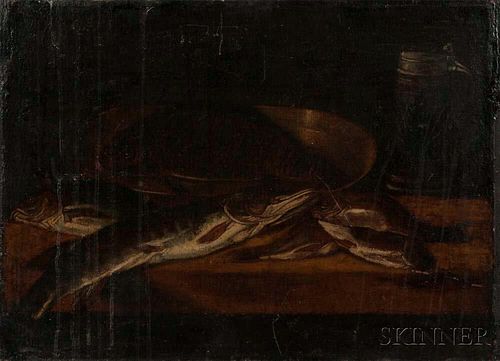 Continental School, 18th/19th Century      Tabletop Still Life with Fish, a Copper Bowl, and a Tankard