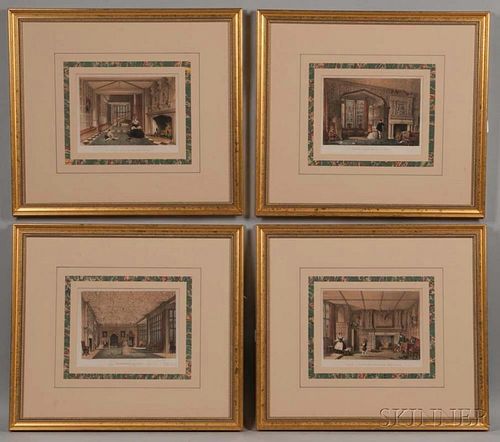 British School, 19th Century, Four Framed Prints of Manor Interiors: Lyme Hall, Speke Hall, Braham Hall, and the Gate House, 