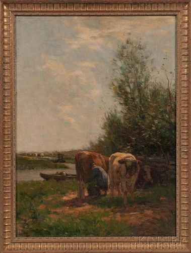 Johannes Karel Leurs (Dutch, 1865-1938)      Cows Beside a Stream and Farmland