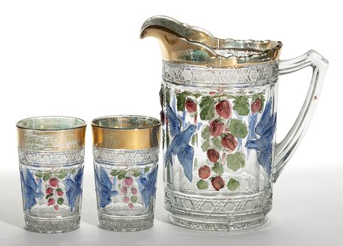 BIRD AND STRAWBERRY / INDIANA NO. 157 - STAINED THREE-PIECE WATER SET
