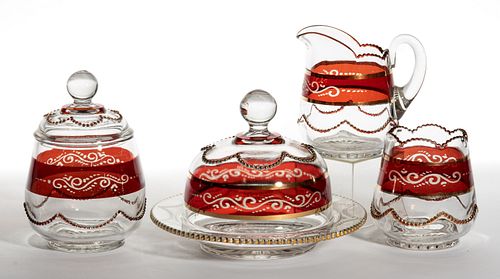 HEISEY NO. 1295 / BEAD SWAG - RUBY-STAINED FOUR-PIECE TABLE SET