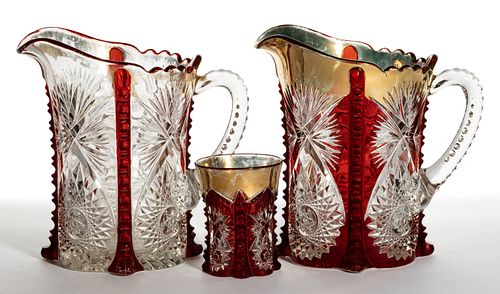 BUTTRESSED SUNBURST - RUBY-STAINED DRINKING ARTICLES, LOT OF THREE