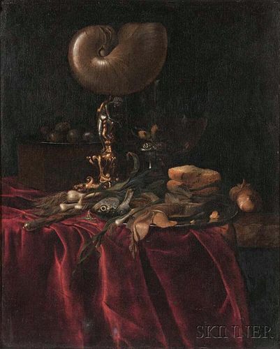 After Willem van Aelst (Dutch, 1627-after 1687)      Elaborate Still Life with Fish, Bread, and Nautilus Cup