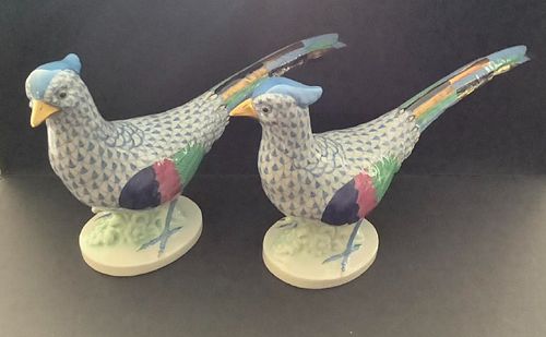 SIGNED HEREND EXTRA LARGE BLUE PAIR PHEASANT FISHNET FIGURINE 12 inches