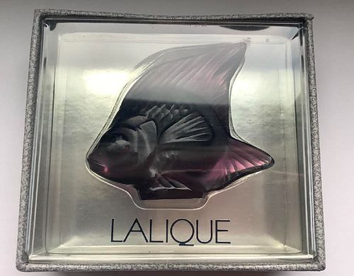 Lalique SIGNED  Crystal amethyst color Fish  with BOX Made in France