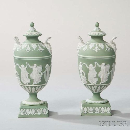 Pair of Wedgwood Green Jasper Dip Vases and Covers