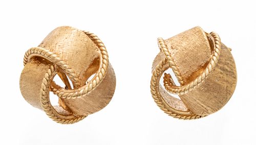 14kt Gold Earrings, Ribbon Motif, Dia. 0.75'' 16g