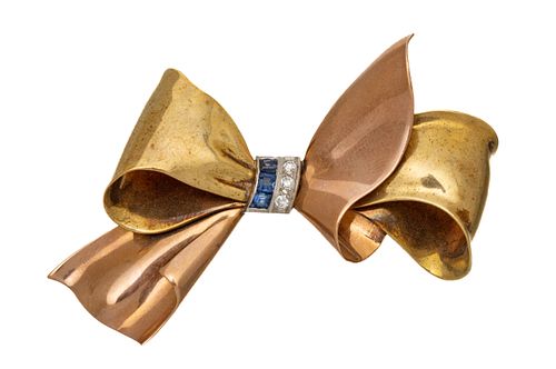 14K Rose & Yellow Gold Bowknot Brooch, Diamonds And Sapphires Ca. 1940, 15g