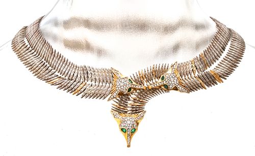 Erte (French, 1892-1990) Sterling Silver & 14kt Gold 'Three Fox' Necklace, L 17'' 3.21t oz