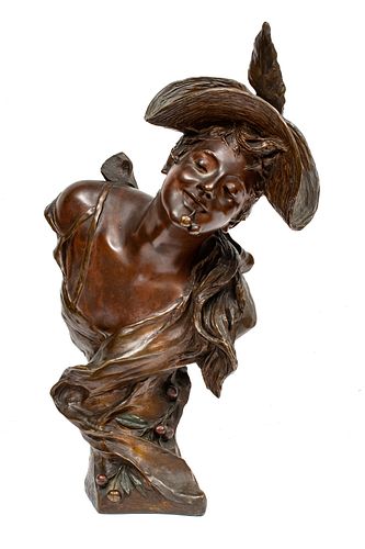 Georges Van Der Straeten (Belgian, 1856-1928) Bronze Sculpture, Young Tease With Cherries, H 26'' W 15'' Depth 10''