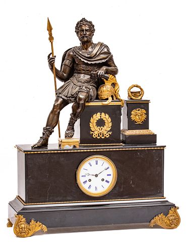 French Empire Bronze Figural Mantel Clock, Vincenti & Cie, 19th C., Seated Roman General, H 30'' W 23'' L 8.5''
