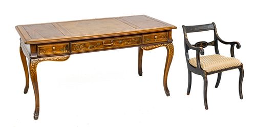 Drexel (North Carolina, Est. 1903) Chinoiserie Writing Desk With Chair, H 30'' W 60'' Depth 27'' 2 pcs