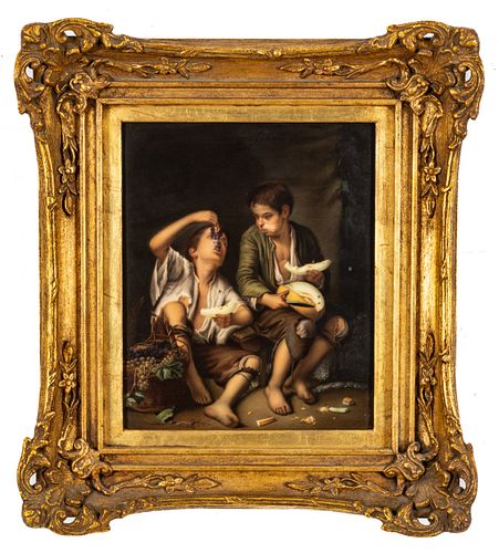 KPM Berlin Painting On Porcelain Children Eating Grapes And A Melon After Murillo, H 11.5'' W 9.5''