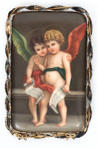 After Andrea Del Sarto (German) Miniature Painting On Porcelain Ca. 19th.c., Due Angioletti, H 4'' W 2.5''
