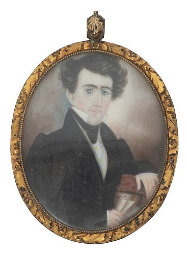 American Portrait Miniature, Young Man With Manuscript C. 1800, H 2.7'' W 2.2'' With Hair Lock