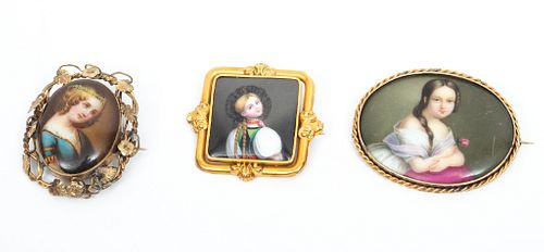 German Painting On Porcelain Brooches Ca. 19th.c., H 1.5'' 3 pcs