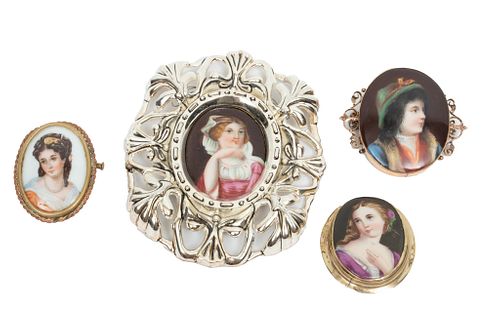 Paintings On Porcelain, 3 As Brooches Ca. 1900, 1.5" - 2" 4 pcs