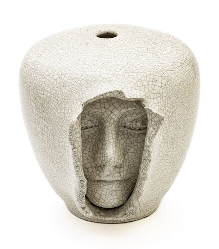 S. Porter, 1974 Art Pottery Vase, Emerging Face, H 8.7'' Dia. 9''