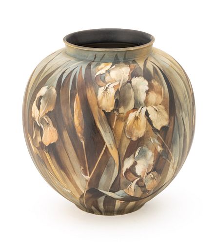 Signed J. Wagner (Royal Bonn) Ceramic Large "Iris" Vase Ca. 1910, H 12'' Dia. 12''