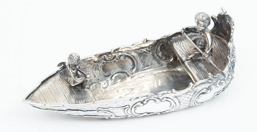 Sterling Silver Miniature Sculpture, Cherubs Rowing Boat, Netherlands L 6'' 149g