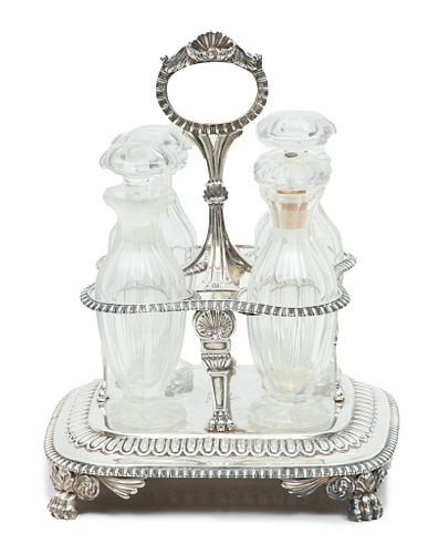 Rebecca Emes & Edward Barnard (London) Sterling Silver Cruet Set, Crystal Bottles, C. 1812,, H 7.75'' W 6'' L 6''