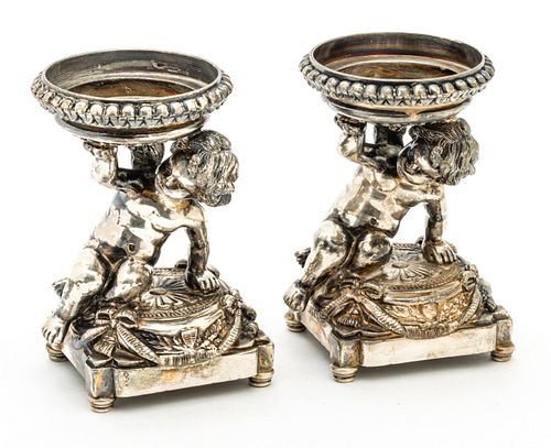 Pairpoint #4982 Silver Plate Candle Holders, Cherub Bases Ca. 1900, H 4.5'' 1 Pair