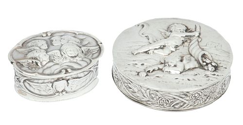 Sterling Silver Fancy Repousse Boxes, Cherubs In Relief Ca. 1920, Dia. 2.5'' 92g 2 pcs