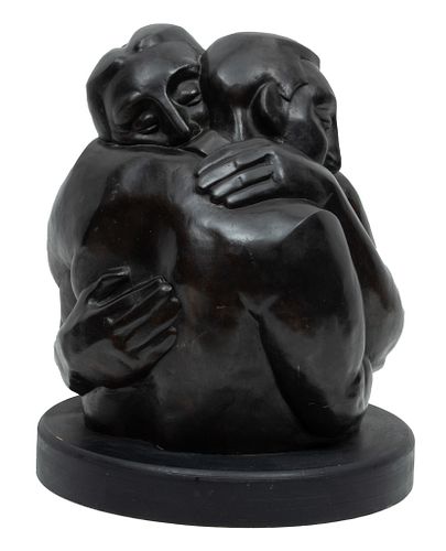 EDWARD POVEY (British, B. .1951) Bronze Sculpture EMBRACING COUPLE, H 19'' Dia. 17.5''