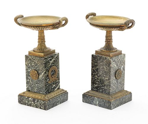 Empire Style Bronze & Marble Tazzas, Ca. 1930, H 8.75'' Dia. 6'' 1 Pair