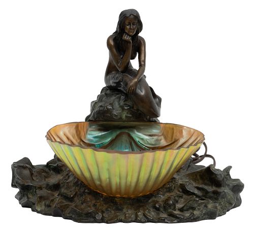 Signed Marino, Bronze Sculptural Lamp, Iridescent Glass Shade, H 10'' W 12'' Depth 10''