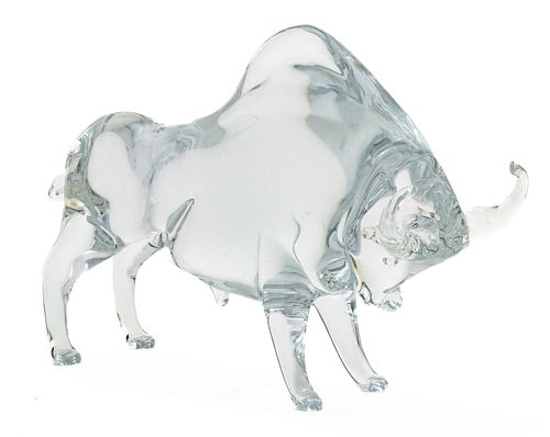 Licio Zanetti (Murano) Art Glass Sculpture, C. 1970, Standing Bull, H 8'' W 4.75'' L 12''