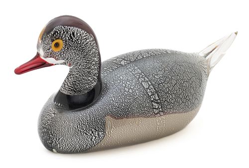 Murano Blown Glass Duck Decoy , Black And Silver H 7'' L 13''