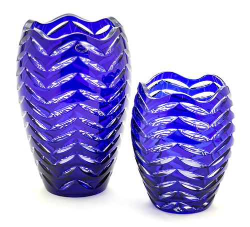 Cobalt Over Clear Crystal Flower Vases (Hungary) 9.5", 7" 2 pcs